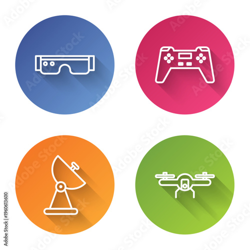 Set line Smart glasses, Gamepad, Radar and Drone flying. Color circle button. Vector