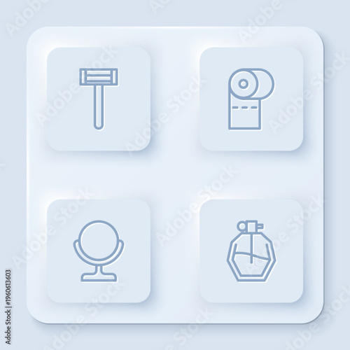 Set line Shaving razor, Toilet paper roll, Round makeup mirror and Perfume. White square button. Vector