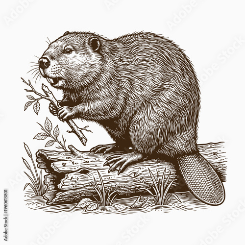 Hand Drawn Detailed Beaver Animal Engraving Vector Illustration