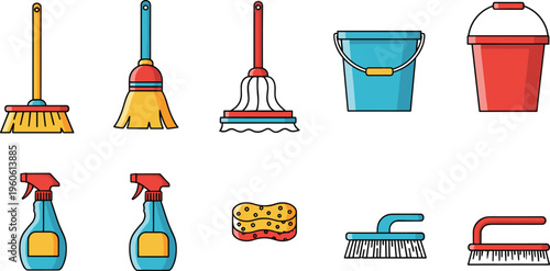 Cleaning Tools and Household Supplies Icon Set Featuring Broom, Mop, Bucket, Spray Bottle, Sponge and Scrub Brush Isolated on White Background for Home Design