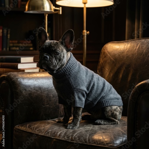 Wallpaper Mural A brindle French Bulldog in a grey sweater sits on a leather chair in a cozy library. Torontodigital.ca