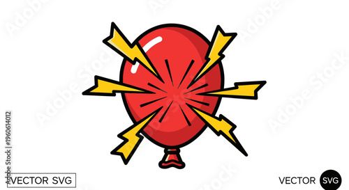 Red balloon bursting with yellow lightning bolts, pop art style explosion