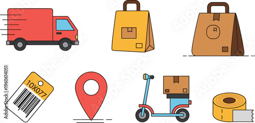 Delivery and Logistics Icon Set Featuring Delivery Truck, Package Bags, Barcode, Location Pin, Scooter and Packing Tape Isolated on White Background for Shipping Design