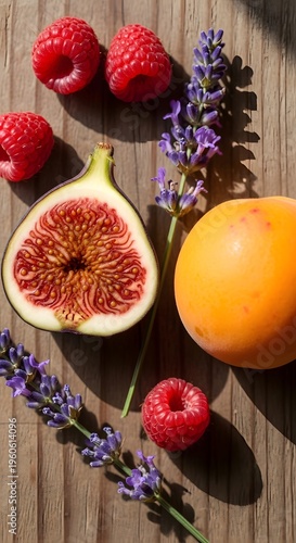 Fresh Fig, Lavender, and Peach fruit and herb composition on dark wooden surface for elegant gourmet culinary display