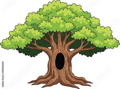 Large cartoon green oak tree vector illustration with a hollow trunk isolated on white background for children fairy tale nature landscape design projects.