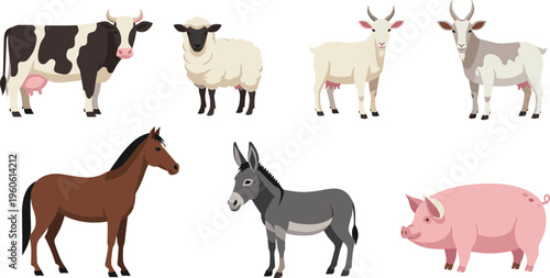 Farm Animal Vector Set Featuring Cow, Sheep, Goat, Horse, Donkey and Pig Isolated on White Background for Agriculture and Livestock Design Projects