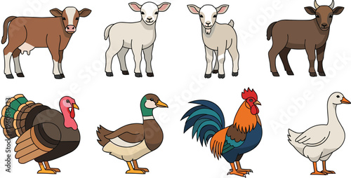 Farm Birds and Livestock Vector Set Featuring Cow, Sheep, Goat, Turkey, Duck, Rooster and Goose Isolated on White Background for Agriculture Design Projects