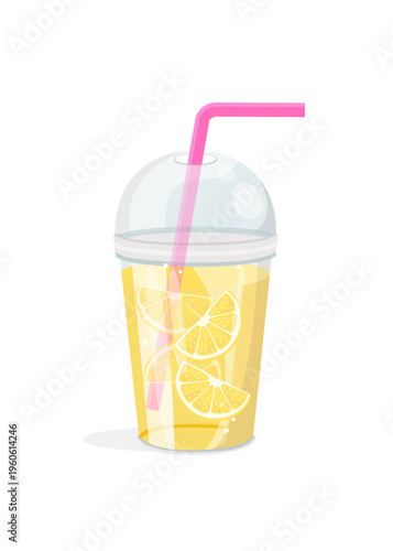 Fresh Lemonade Drink in Plastic Cup with Pink Straw Stock Illustration.