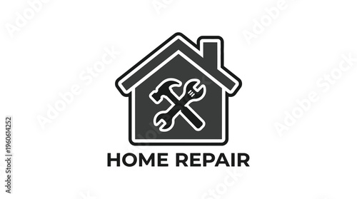 Home repair service logo with house and crossed tools icon on white background for maintenance and construction concepts