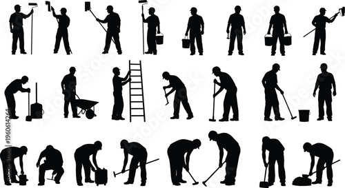 Large collection of construction worker silhouettes featuring painters with rollers, laborers with tools, cleaners with mops, and handyman figures for professional home renovation service designs