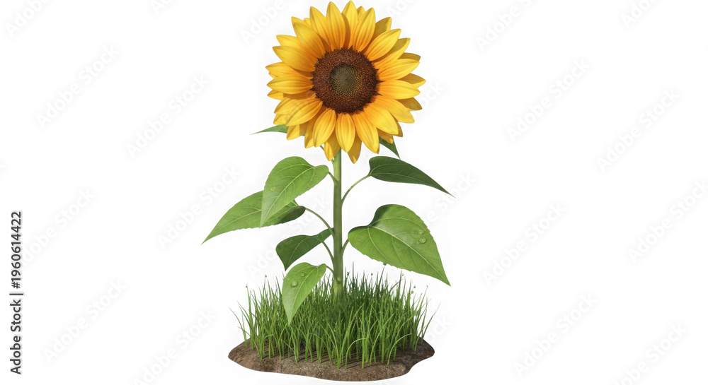 Obraz premium Vibrant sunflower standing tall in green grass on white background