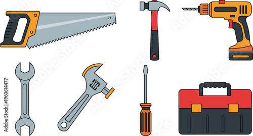 Hand Tools and Construction Equipment Icon Set Featuring Saw, Hammer, Drill, Wrench, Screwdriver and Toolbox Isolated on White Background for Repair and DIY Projects