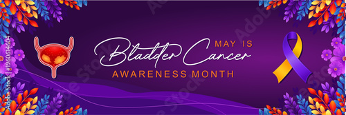 Bladder Cancer Awareness Month Poster Purple Gold Ribbon Medical Floral Template