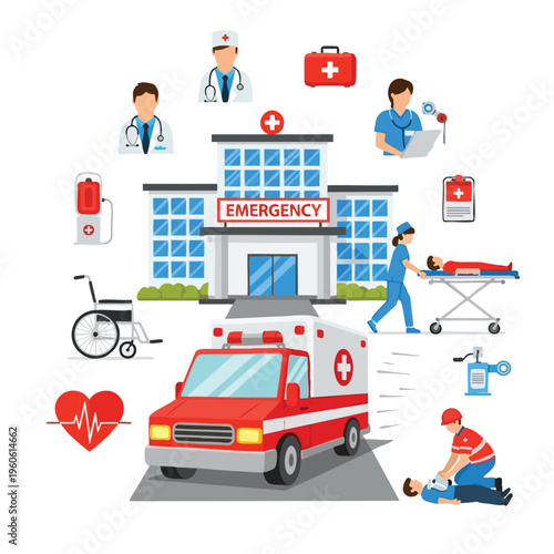 Medical emergency services including hospital, ambulance, doctors, nurses, and patient care