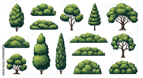 Set of 15 Green Trees and Bushes Vector Illustration