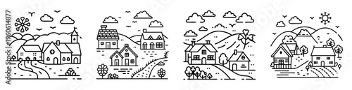 Set of four rural scenes with houses and rolling hills illustration