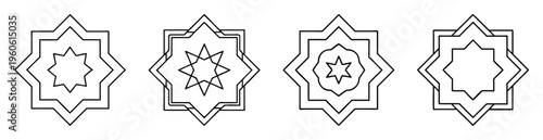 Four examples of eight pointed stars within concentric geometric shapes illustration
