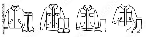 Illustrative depiction of rain jackets and waterproof boots in black outline
