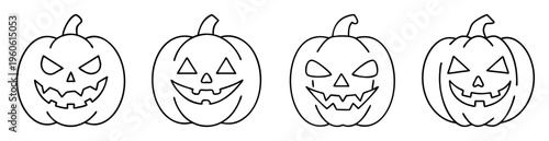 Four outlined Halloween pumpkins with triangle eyes and toothy, jagged smiles