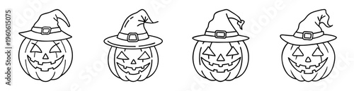 Four black and white cartoon pumpkins wearing witches hats with buckle
