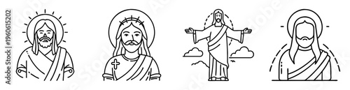 Four simple line art depictions of Jesus Christ in varying styles