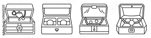Stylized line drawing of four jewelry boxes with precious items