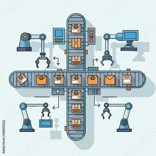 Automated factory conveyor belt with robotic arms sorting packages