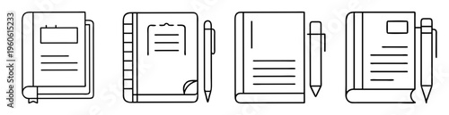 Collection of four books with pens in outlined vector illustration format
