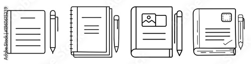 Four books and accompanying pens or pencils in a black outline style