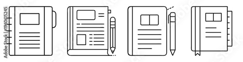 Black and white illustration of four different notebooks and a pen