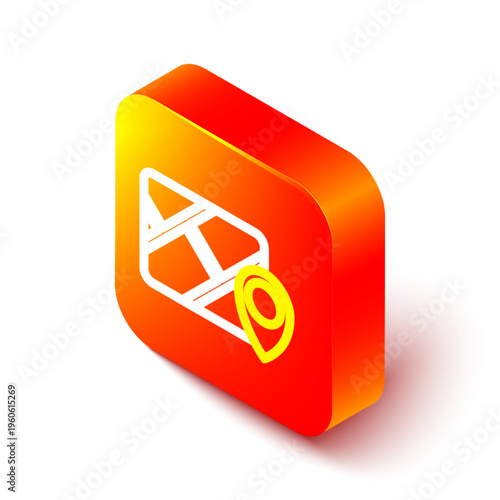 Isometric line Infographic of city map navigation icon isolated on white background. Mobile App Interface concept design. Geolacation concept. Orange square button. Vector