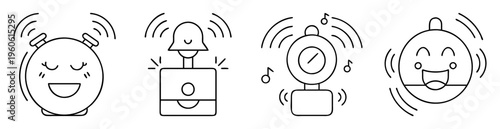 Collection of alarm clocks with cute facial expressions and ringing alerts
