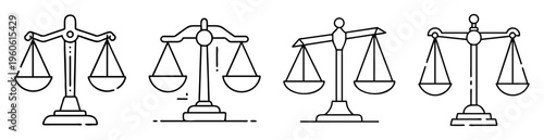 Four different outlined illustrations of scales of justice in a row