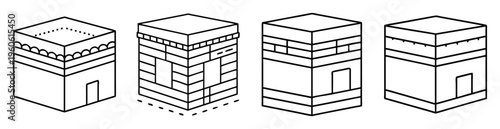 Four variations of black and white line art of the Kaaba