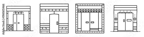 Architectural line drawings showcasing distinctive building entrances with varied designs
