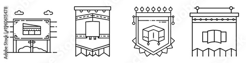 Four abstract line art representations of religious or cultural iconography