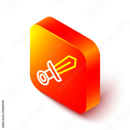 Isometric line Medieval sword icon isolated on white background. Medieval weapon. Orange square button. Vector