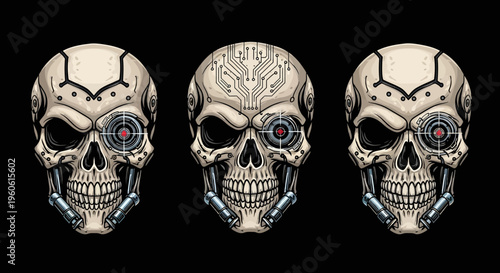 Three Futuristic Android Skulls With Mechanical Implants Displayed Against A Dark Background Representing Technology And The Future