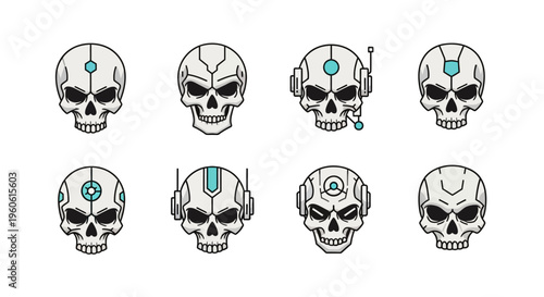 Collection of Futuristic Cyborg Skull Icons Representing Advanced Technology and Science Fiction Concepts