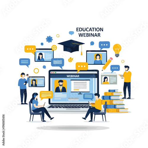 Diverse people interact online, attending an educational webinar with digital communication