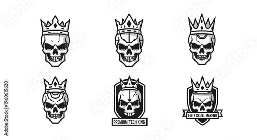 Collection of Skulls Wearing Crowns Offering Royalty and Power Symbols For Unique Emblem Designs And Iconic Representations
