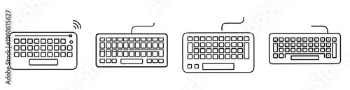 Outlined computer keyboards with different key arrangements and connectivity options