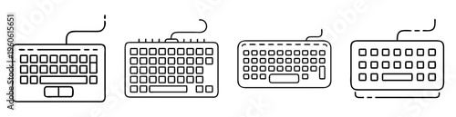 Four distinct cartoon keyboards with coiled cables showing design variations