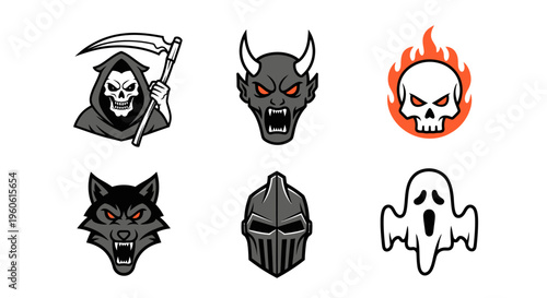 Collection of six scary creature faces including a grim reaper wolf skull knight and ghost for Halloween or horror themes