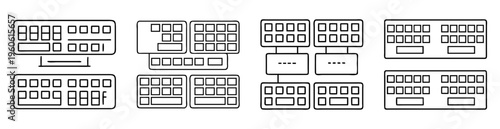 Conceptual diagram illustrating various stylized keyboard layouts and computer connections