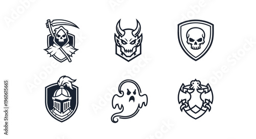 Collection of six stylized dark crests featuring gothic monsters and mythical creatures for game design or spooky branding elements