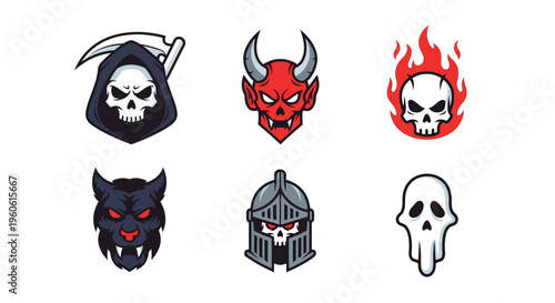 Collection of supernatural creature icons including a grim reaper demon flaming skull werewolf knight and ghost for fantasy or horror concepts