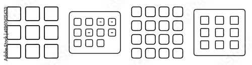 Four different layouts of rounded square icons representing an abstract application grid