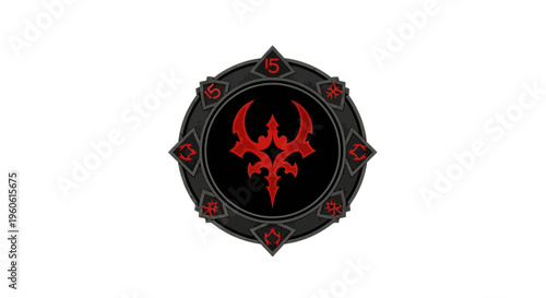 Circular Emblematic Design With Ornate Red And Black Accents On White Background Ideal For Fantasy Themes And Gaming Symbolism