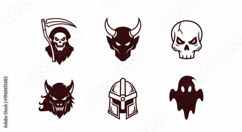 Collection of six dark fantasy creature icons featuring grim reaper devil werewolf warrior helmet and skull for gaming or horror concepts